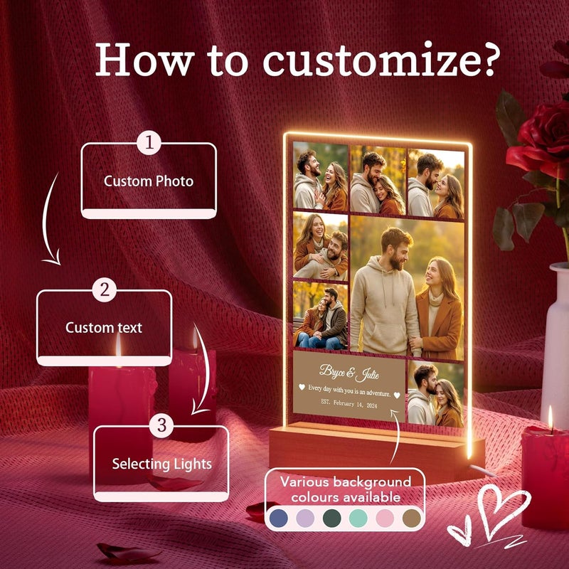 Bemaystar Custom Photo Collage Plaque - Personalized Light Up Plaque - Picture Frame with LED - Anniversary Valentines Day Gifts for Him Her Boyfriend Girlfriend Couple Birthday - 7 Photos - Image 3